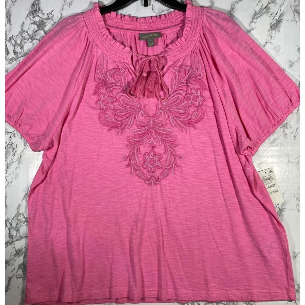 Style & Co. Womens Escape Pink Embroidered Vacay Top Size XL - Picture 1 of 6